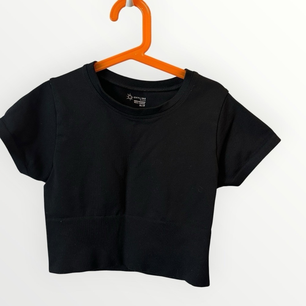 Lot OFFLINE Aerie Seamless Sans Couture Real Good Black Teal Ribbed Crop XS - Picture 2 of 7
